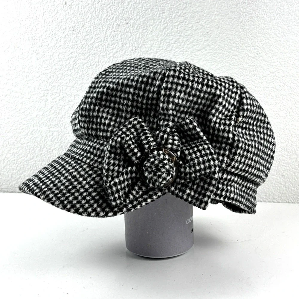 Indigo Soul Newsboy Cap Womens One Size Black White Houndstooth Bow